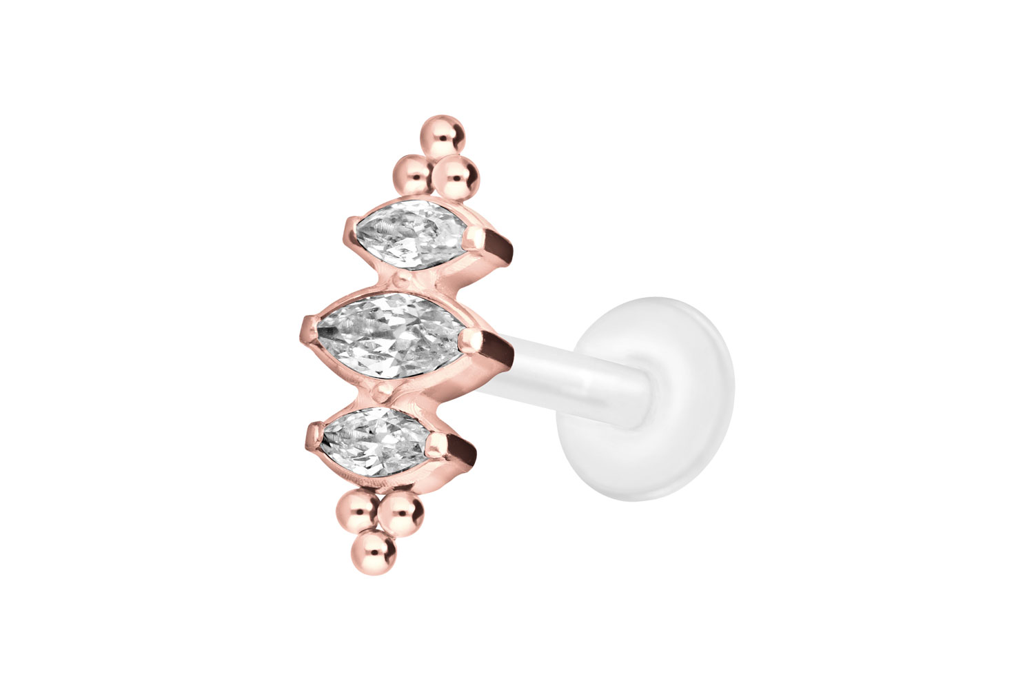 PTFE Labret Piercing mit Innengewinde + Titan-Aufsatz 3 KRISTALLTROPFEN + KUGELN